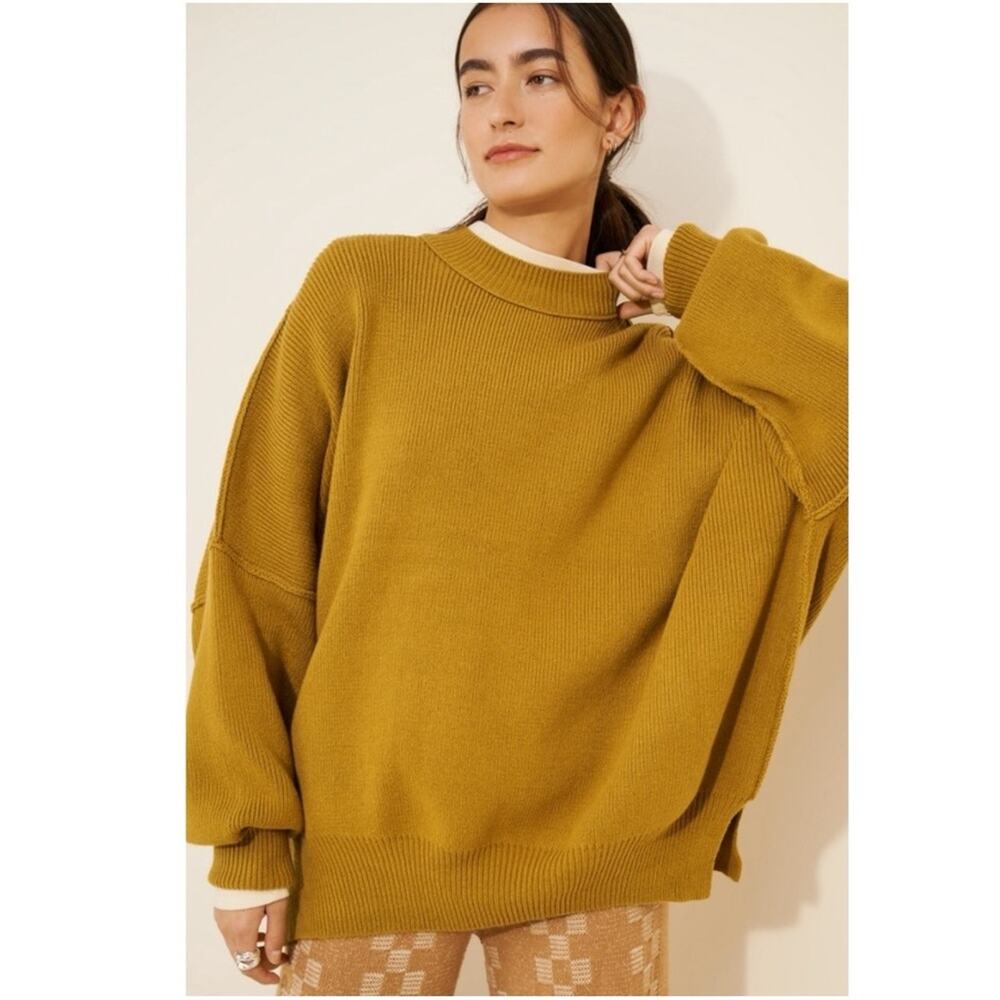 Free People Easy Street Tunic Sweater Golden Olive Mustard Brown Oversized Large